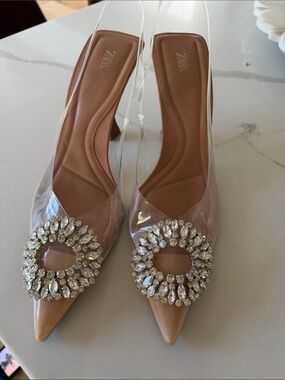 Zara Nude Pointed Toe Slingback Heels with Crystal Buckle